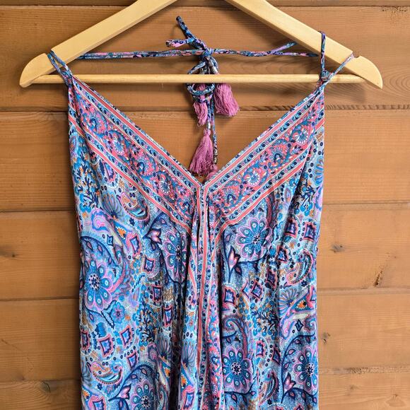 OPC Silk Dress Maxi Beach Paisley Open Back Tie Neck Summer Flowy Tassle Boho - Picture 3 of 6